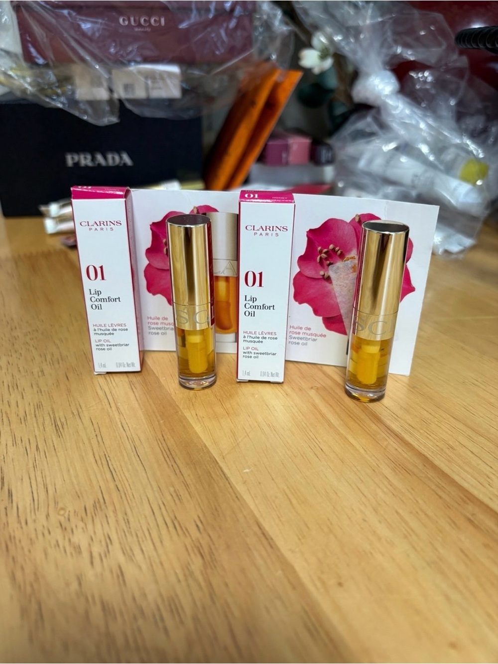 2pc Bundle Clarins Paris Lip Comfort Oil In 01 Honey, travel size 2x0.04oz, BNIB